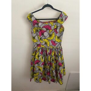 Women's Ankara Floral Print Off Shoulder Fit Flare‎ Dress Yellow Pink